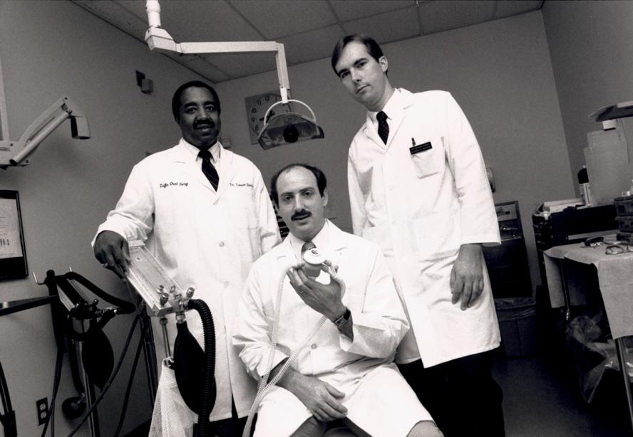 Dean Norris with dental student Mark Zive and assistant clinical professor of restorative dentistry Dr. Gerard Kugel, 1989